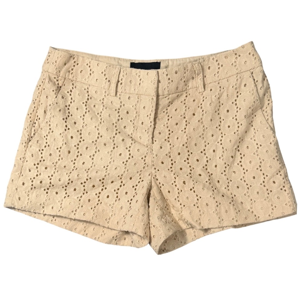 J.Crew Eyelet Lace Shorts Beige Tan Floral Embroidered Cotton Size 4 EUC Boho